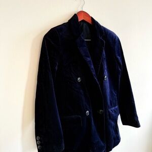 Chic Double-Breasted Navy Blue Velvet Blazer Jacket Women Size Small